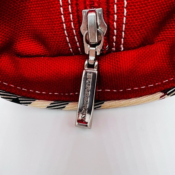 Burberry Red Canvas Tote with Plaid Accents and Top Zipper - Picture 10 of 16